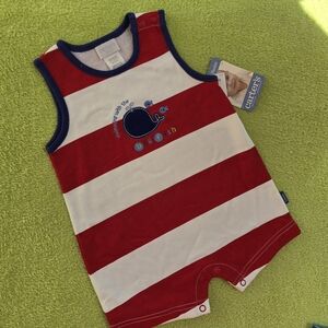 NWT 3-6M Baby BOYS short ROMPER Red White Blue Striped BIG Whale+little Fish (1)